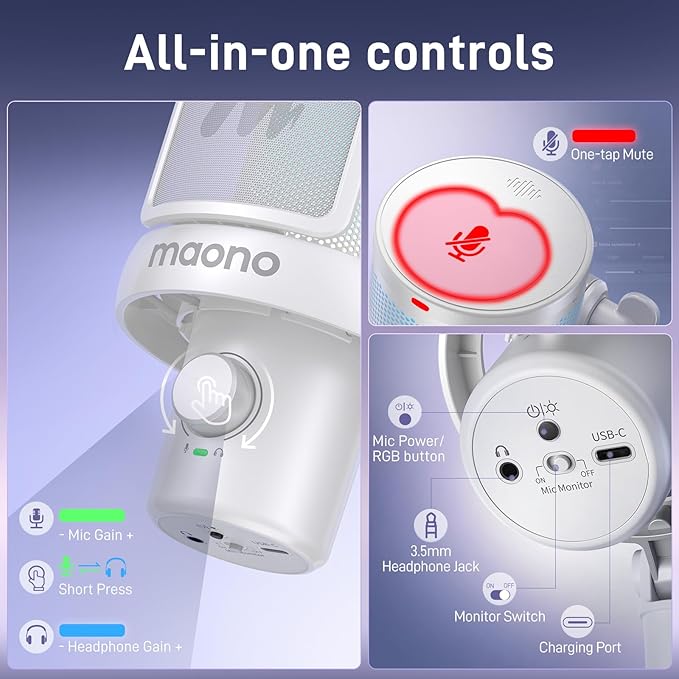 MAONO Wireless Microphone for PC,Gaming Streaming USB Mic with Software AI Voice Change,3-Level Noise Cancellation,Custom EQ,Gain Control for Computer Podcast Recording (DM40 AI Mic, DM40-White)
