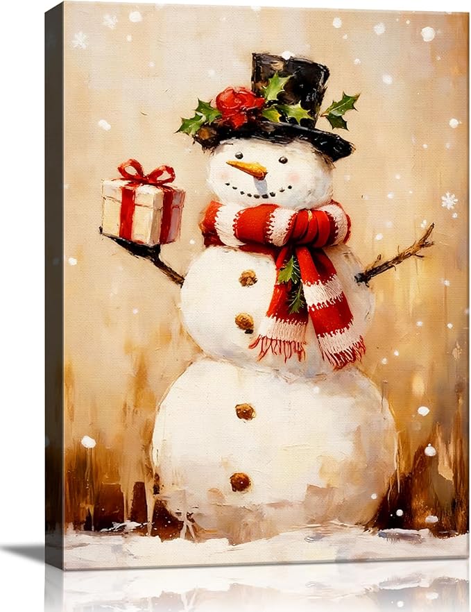 Rustic Snowman with Gift Box Christmas Canvas Wall Art - Humorous Winter Scene Framed Print for Bathroom & Bedroom Decor, Cozy Farmhouse Christmas Wall Art, Unique Christmas Gift & Festive Decoration