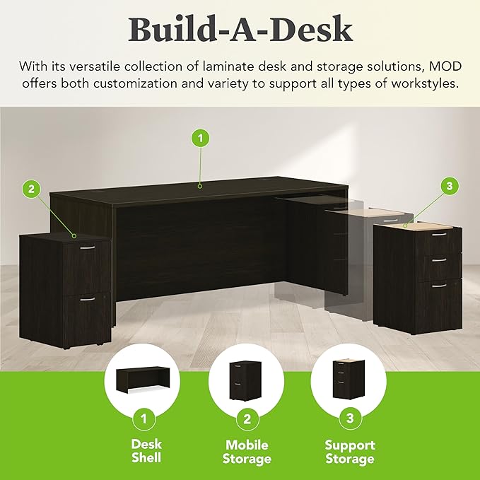 HON MOD Executive Desk 72-Inch Large Computer Desk Shell, Thick Wooden Laminate, Modern Table with Cord Management, 72" W x 30" D x 29" H, Java Oak