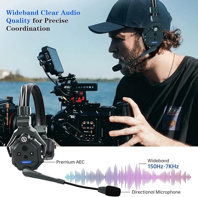 Hollyland Solidcom C1 3-Person 1100ft Full-Duplex Wireless Headset Intercom System for Team Communication Group Talk Single-Ear Headset with 1 Master & 2 Remote Headsets