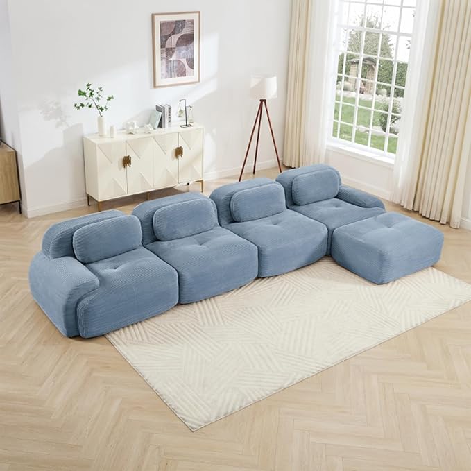 Blue Ottoman for Modular Sectional Sofa, Corduroy Deep Seat for Oversized Compressed Boneless Sectional Couches for Living Room Bedroom Apartment, Cloud Sofa Couch, Memory Foam, No Assembly