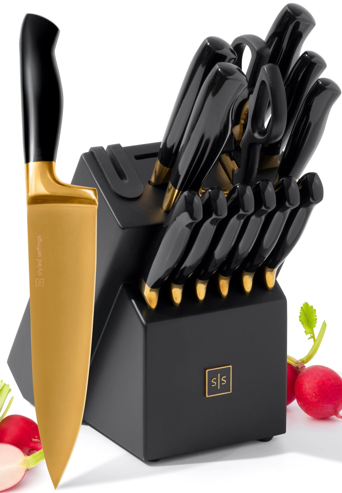 Styled Settings White and Gold Knife Set with Block and Sharpener 14-Piece