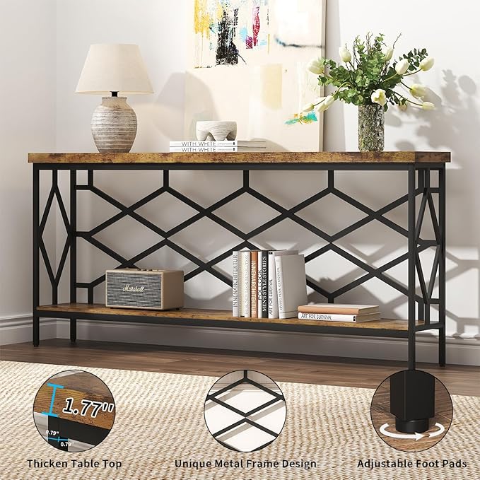 karlott 71" Extra Long Entryway Table, Narrow Console Table, Industrial Sofa Behind Couch Table with Open Storage Shelf, Hallway Table for Entryway, Living Room, Foyer, Entrance, Unique Design, Brown