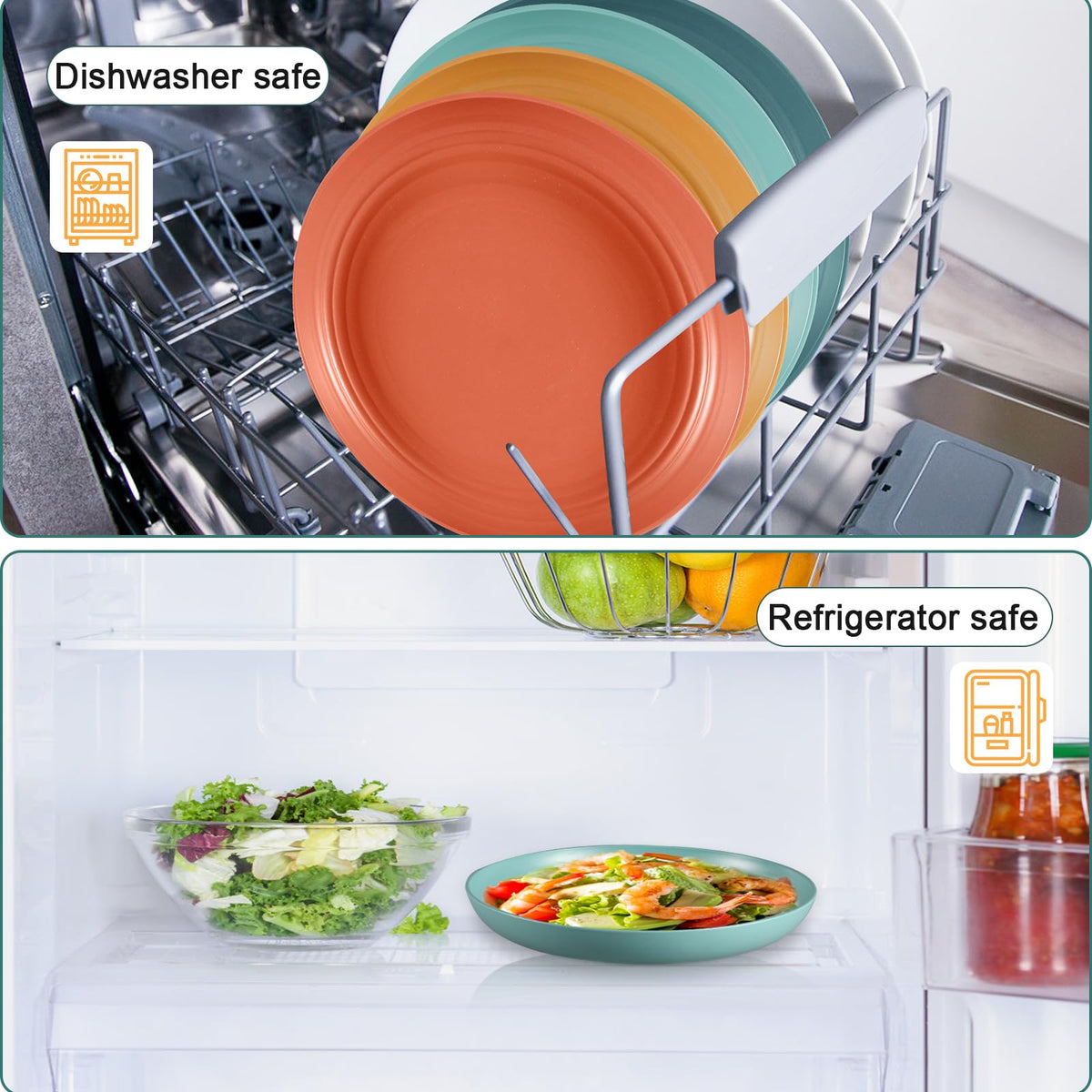 HEYCOME 12 Pcs Unbreakable Deep Dinner Plates Set, 10 inch Reusable Plastic Wheat Straw Plates, Microwave and Dishwasher Safe Plate for Kitchen, Lightweight Plate for Dessert, BPA Free, 6 Colors