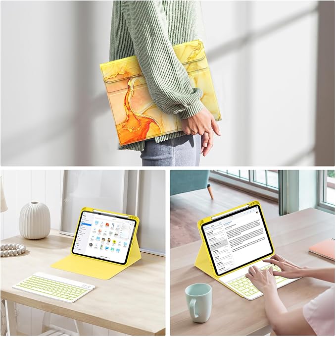 Soke for iPad (A16) 11th/10th Gen Case with Keyboard Black Marble | For iPad 11/10.9 inch(2025/2022) 7 Color Backlight Magnetic wireless Detachable Keyboard Case Built-in Pencil Holder