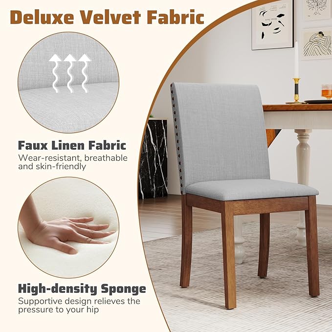 Giantex Upholstered Dining Chairs Set of 4, Kitchen Chair w/Nailhead Trim, Rubber Wood Legs, Padded Seat, Mid Century Armless Side Chair, Comfy Accent Parson Chairs for Restaurant, Living Room