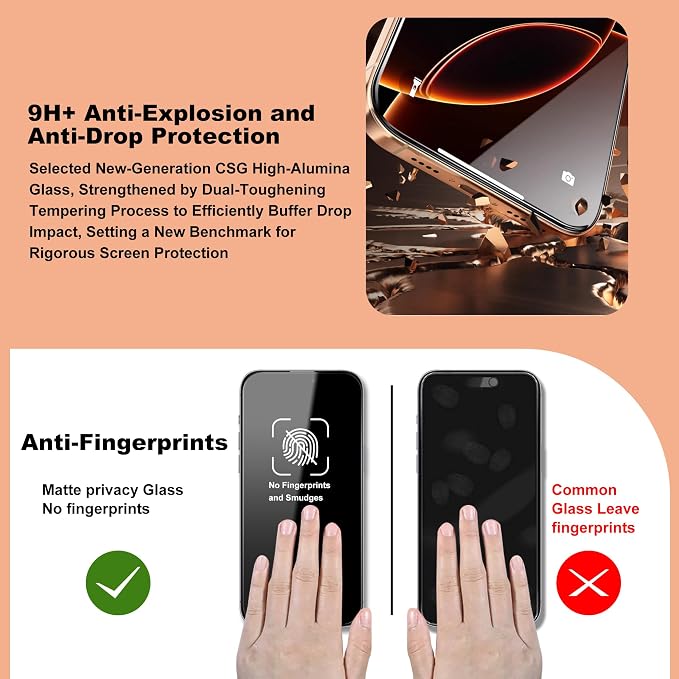 2 Pack Privacy Screen Protector for iPhone 16 Pro Max 25° Anti-Spy Tempered Glass 9H Hardness Anti-Fingerprint Auto-Alignment Bubble-Free Case Friendly
