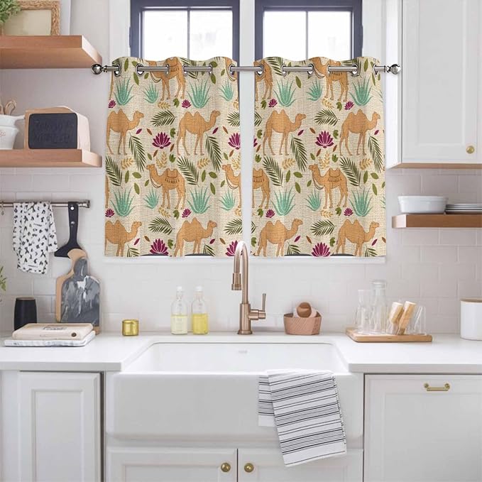 2 Panel Kitchen Cafe Curtains, Desert Camels Sunlight Filtering Nature Air