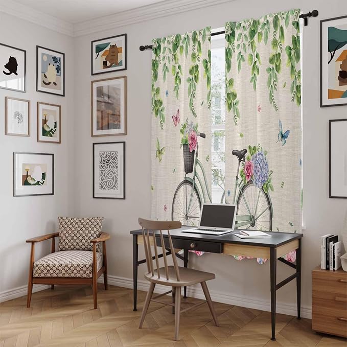 Farmhouse Spring Kitchen Curtains, Retro Bicycles Flowers Vines Butterfly Light