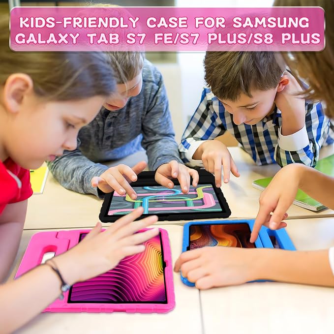 Heavy Duty Kids Case for Samsung Galaxy Tab S7 FE/S7 Plus/S8 Plus 12.4 inch | Rugged Protection Cover for Galaxy Tab S8+/Tab S7 FE/S7+ 2022/2021/2020 with S-Pen Holder Handle StandEVA Foam Rose Red