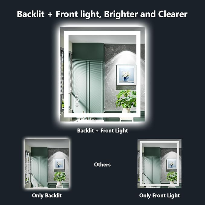 YEELAIT 28x32 Inch LED Bathroom Mirror with Lights Front and Backlit Lighted Vanity Mirror for Bathroom Wall with 3 Colors Dimmable Anti-Fog Memory Shatter-Proof IP54 Waterproof Horizontal/Vertical