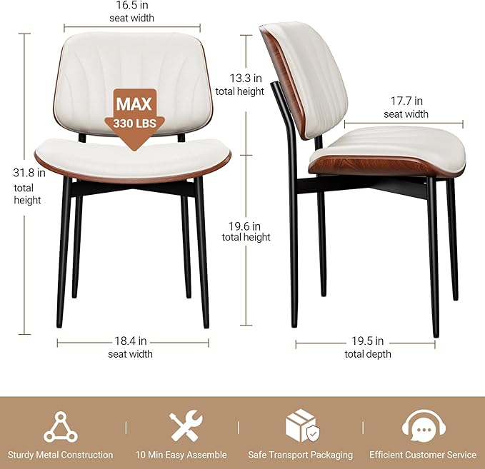 Dining Chairs Set of 8, Mid-Century Modern Upholstered PU Leather Chairs with Walnut Bentwood Back and Metal Legs Adjustable Feet for Kitchen Dining Room, Off-White Shell Strips