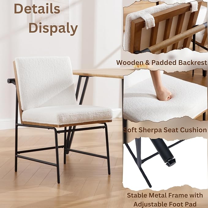 Modern Dining Chairs Set of 4, Comfy Sherpa Fabric Armless Upholstered Side Chairs with Wooden Backrest Black Metal Legs for Dining Room Living Room, White