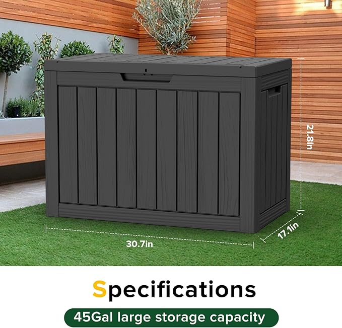45 Gallon Outdoor Deck Box,Storage Lockable Waterproof Patio Furniture,Garden Tools,Cushions,Pool Accessories Outside Storage Resin Box(Black)