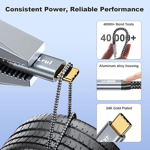 LDLrui 10FT Right Angle USB C Cable 100W PD 20Gbps Data 4K Video | Large Workspaces Commercial Displays Long Distance Routing Flexible Installation Full-Featured USB-C