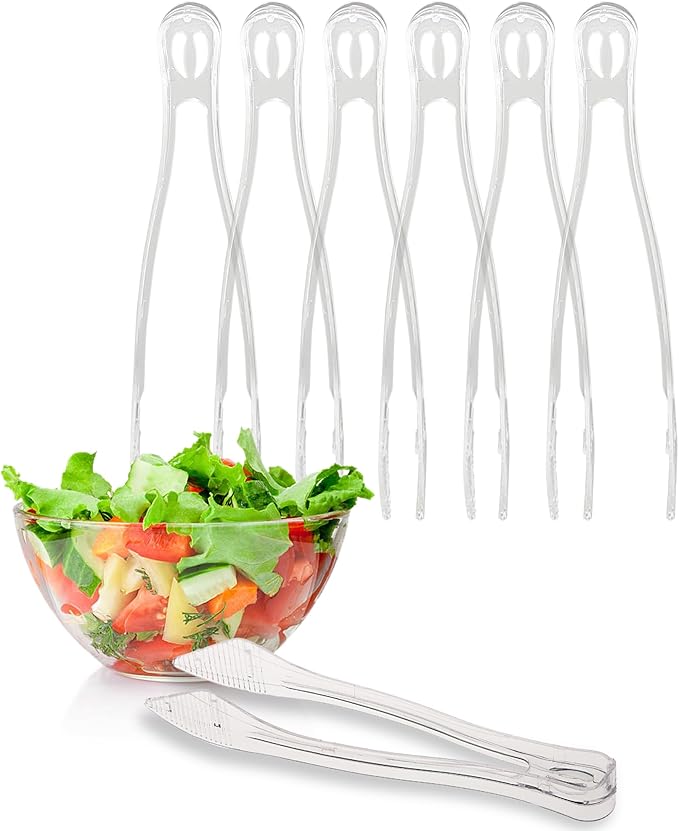 PARTY BARGAINS 8.5″ Clear Plastic Serving Tongs 6-Pack – Heavy-Duty Disposable & Reusable Kitchen Tongs for Parties BBQ Buffet Salad Appetizers Catering