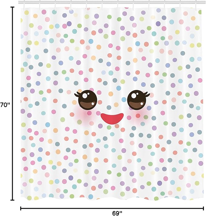 Ambesonne Eyelash Shower Curtain, Kawaii Funny Muzzle Pastel Tone Cheeks and Eyes on Colorful Polka Dots Backdrop, Cloth Fabric Bathroom Decor Set with Hooks, 69" W x 70" L, Brown Multicolor