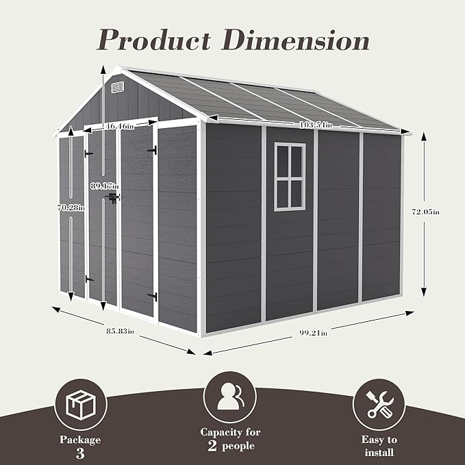 8' x 8' Resin Storage Shed Outdoor, PP Material & Strong Structure for All Weather, Plastic Garden Shed w/Window for Garden, Backyard, Poolside and Lawn, 15mm Thick PP Board - Dark Grey