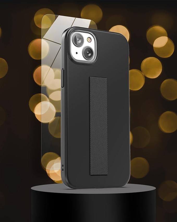 ENCASED Finger Loop Case Designed for iPhone 14 Plus Case with Hand Strap Phone Holder and Screen Protector (Black/Gold Marble)