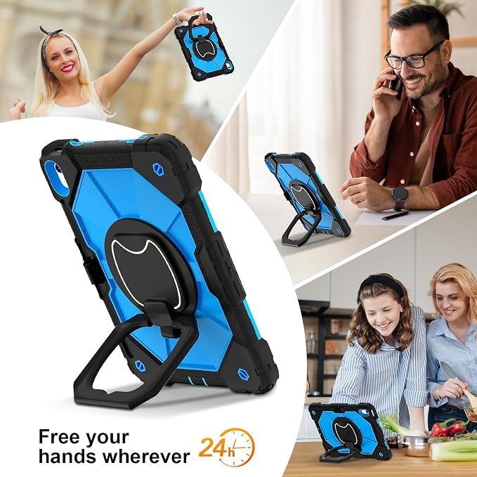 Case for iPad (A16) 11th/10th Gen 11''/10.9'' 2025/2022 with 360° Rotating Stand Screen Protector Shoulder Strap &amp Pencil Holder﻿ (Black-Blue)