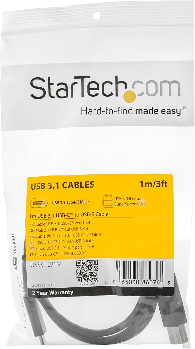StarTech 3.3ft/1m USB-B to USB-C Cable USB 10Gbps Data Cord (USB31CB1M) | Data Transfer Cable Reversible USB-C Thunderbolt 3 Port Compatible