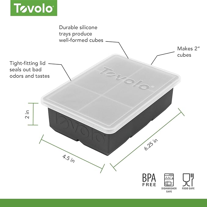 Tovolo Large 2” King Cube Ice Tray with Lid Charcoal Gray Ice Cube Trays for Whiskey Cocktails Smoothies, Big Square Ice Cube Mold Silicone Freezer Tray for Perfect Cubes BPA Free Dishwasher Safe