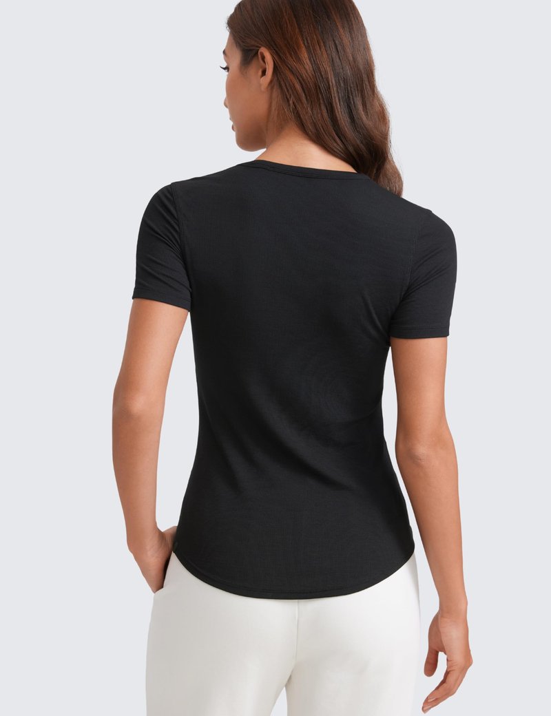 CRZ YOGA Womens Ribbed Modal Casual Short Sleeve Crew Neck Basic Shirts Going Out Soft Fitted Stretchy Athletic Workout Tops Black Medium