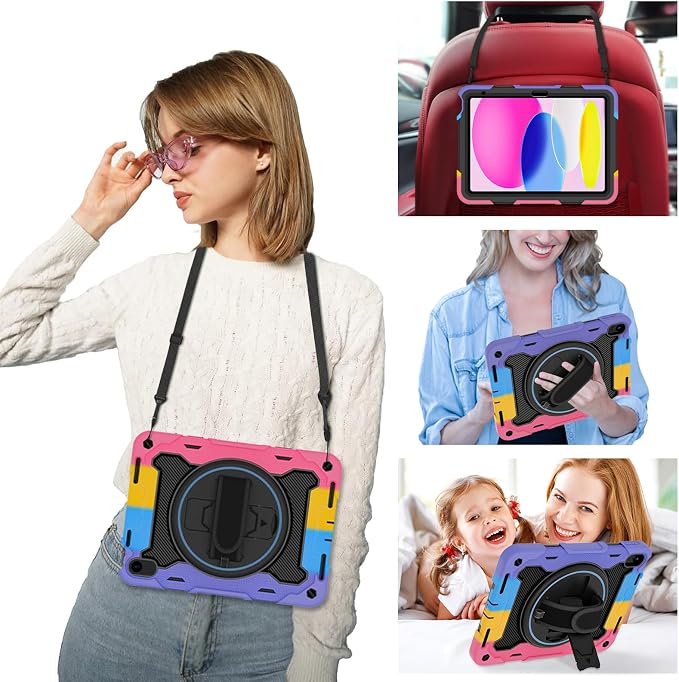 for iPad 9th 8th 7th Gen Case 10.2 inch with Screen Protector | 360° Rotating Kickstand Hand Strap Shoulder Strap Heavy Duty Military Grade - Kids Friendly