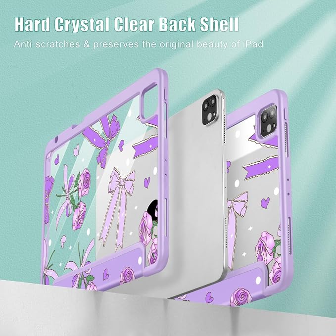 Tuiklol for iPad Pro 11 Inch 4th / 3rd / 2nd / 1st Gen (2022 2021 2020 2018) Case -Built-in Pencil Holder Shockproof Cover Clear Transparent Back Shell with Auto Wake/Sleep Black Flower