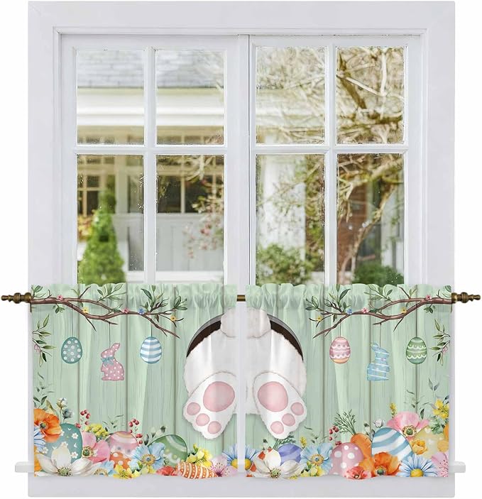 Easter Kitchen Tier Curtains 36 Inch Long 2 Panel Set, Rod Pocket Half Window