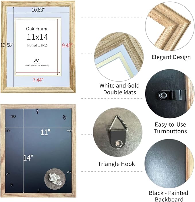 11x14 Picture Frame Matted to 8x10, 8*10 Picture Frame with Mat ,11*14 Solid Oak Wood Picture Frames Vertical & Horizontal Wall Hanging Display，11 by 14 Premium Photo Frame with Real HD Tempered Glass , Oak Color, 1 Pack