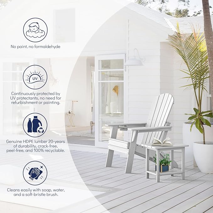 Plawdlik Folding Adirondack Chair, SGS Tested, Wooden Textured with Cup Holder, Heavy All-Weather HDPE Comfortable Set Poolside Backyard Lawn White Set 4
