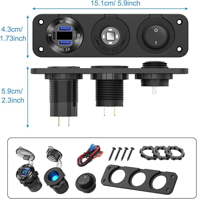 12V USB Outlet Boat Accessories Marine Switch Panel Plug, PD3.0 and Dual QC3.0 USB Ports Aluminum Car Charger with Voltmeter, Lighted 150W Cigarette Lighter Socket and Toggle Switch 3 in 1 DIY Kit