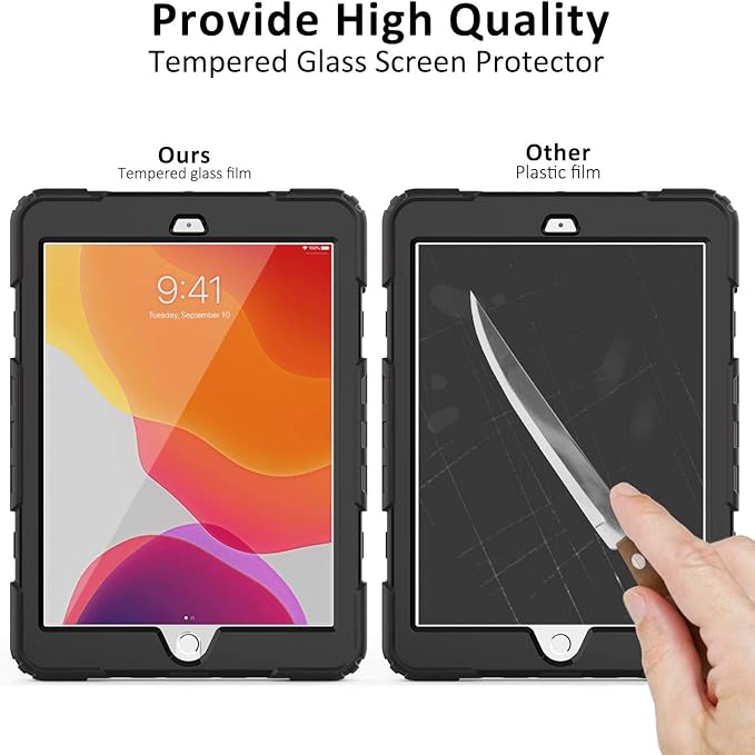 BLOSOMEET Case for iPad 9th/8th/7th Generation 2021/2020/2019 10.2 Inch with Tempered Glass Screen Protector & Pencil Holder,Protective Kids iPad 10.2 Case Cover w/Stand Hand Shoulder Strap,Green
