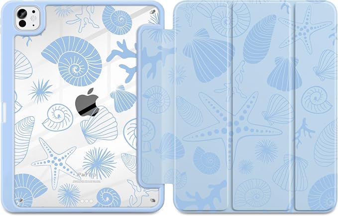 Case for iPad Pro 11 inch M5 2025 /M4 2024 Blue Ribbon Stripe | Blue Ribbon Stripe Folio Case with Clear Back Pencil Holder Trifold Stand and Auto Sleep/Wake for Preppy Aesthetic Users
