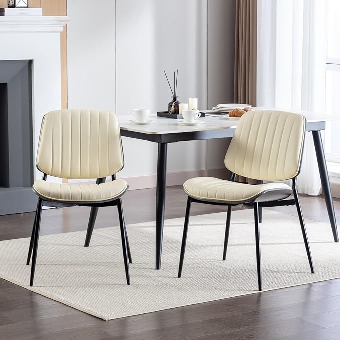 Dining Chairs Set of 2, Mid Century Modern Accent Dining Room and Kitchen Chairs, Upholstered PU Leather Vertical Stripe Chairs for Vanity with Walnut Bentwood and Metal Legs, Beige