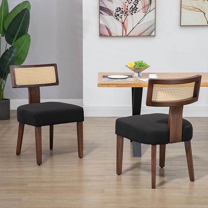 Upholstered Rattan Dining Chairs Set of 2, Mid-Century Modern Fabric Dining Room Chairs with Brown Hardwood Frame, Curved Backrest Kitchen Armless Accent Chairs for Living Room (Black)
