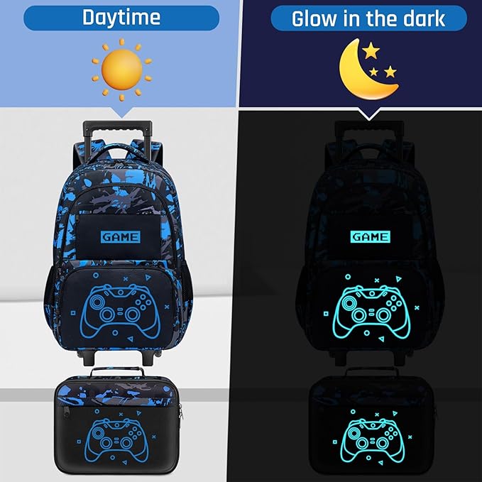 Gamer Rolling Backpack for Boys - 3PCS Boys Rolling Backpack with Lunch Box Set for Kids Children Teens Elementary Middle School,Glow in The Dark Roller Bookbag with Wheels for Age 6-18
