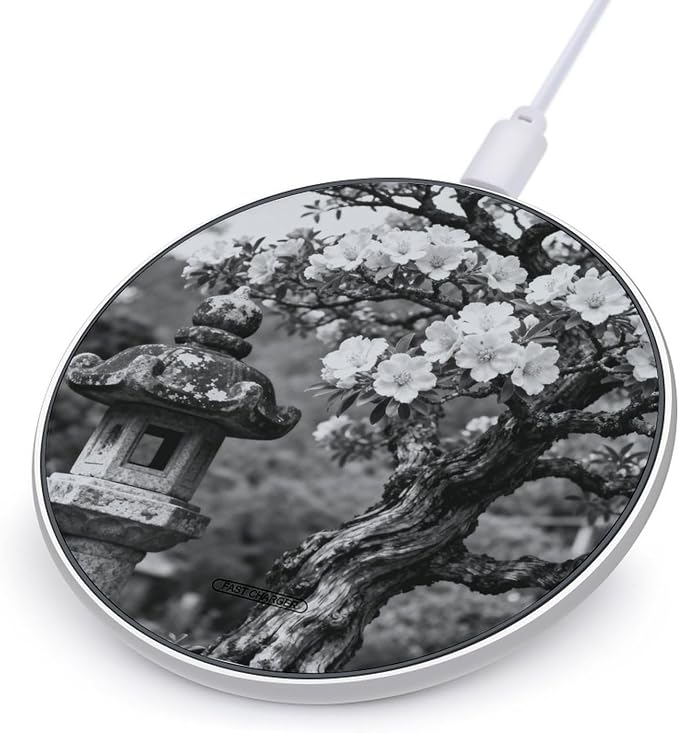 Black White Tree Flower Wireless Charger with Aluminum Alloy Frame Qi Certified Fast Wireless Charging Pad 10W Charging Station Portable Phone Charger for All Wireless Charging Phone