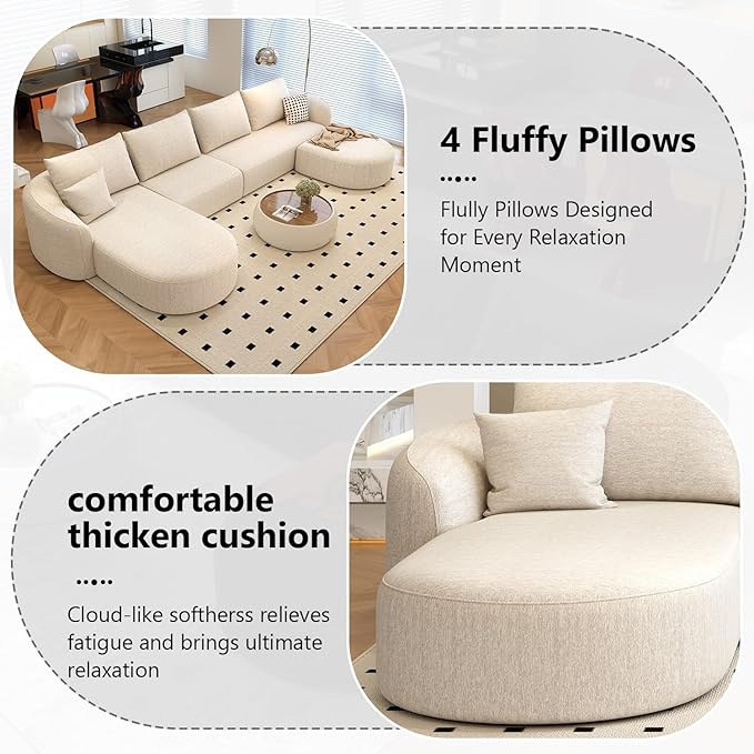 138.6" Modular Sectional Couches Luxury Modern Curved Back U-Shape Sofa Set with Ottoman,Minimalist Comfy Boneless Cloud Couch for Living Room Apartment,(Left Facing Chaise,White)