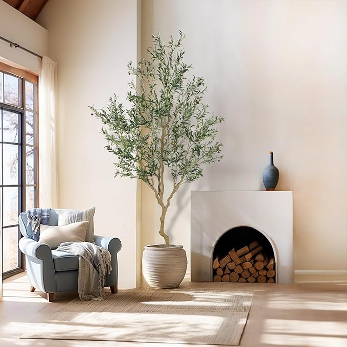 Tall Faux Olive Tree，9ft（108in） Realistic Potted Silk Artificial Olive Tree， Fake Olive Trees Indoor with Green Leaves and Big Fruits for Home Office Living Room Stairs Patio Decor.