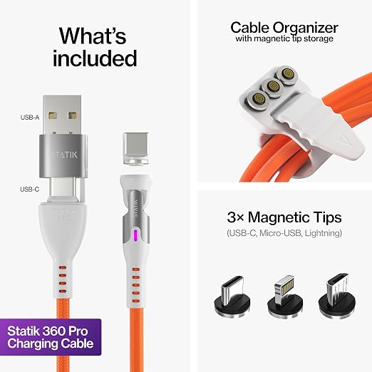 Statik 360 Pro Magnetic Charging Cable - Type C Charger Fast Charging 3 in 1 USB C to USB C Cable Micro USB &amp iProduct Tips USB A Adapter Fits All Devices - 100W Fast Charger Black 10FT/3M