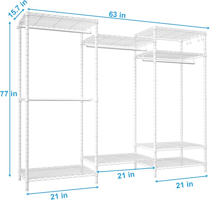 Ulif E13 Heavy Duty Clothes Rack（With 4 Hanger Rods & 8 Shelves） Freestanding Clothing Racks for Hanging Clothes，Adjustable Closet Organizer，Metal Garment Rack 63" W x16 D x77 H，Max Load 900LBS，White
