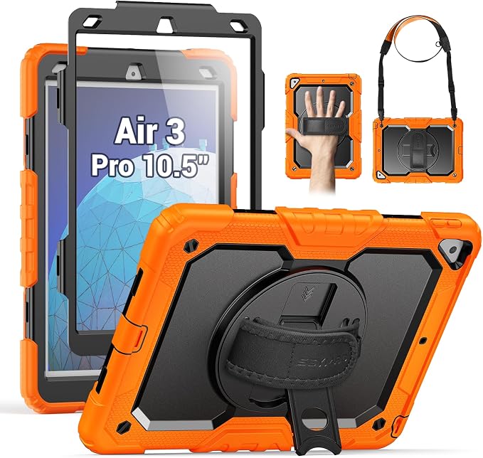 SEYMAC Case for iPad Air 3/ Pro 10.5 inch/Air 3rd Generation 10.5'' Black | Heavy Duty Shockproof Protective Built-in Screen Protector 360° Rotating Stand Hand/Shoulder Strap