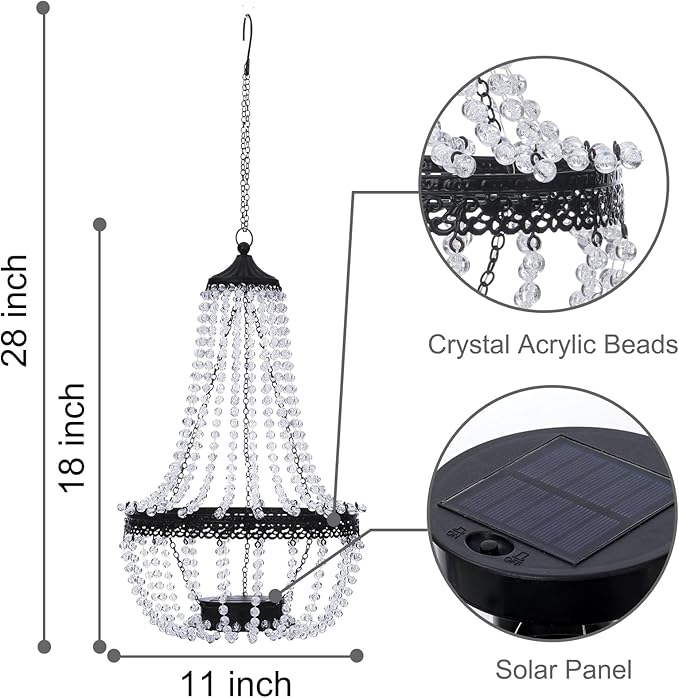 Hanging Solar Chandelier Outdoor, 30 Warm White Lights Acrylic Clear Beaded Chandelier with S Hooks Modern Lantern for Garden Yard Patio Gazebo Decorations, 28”H