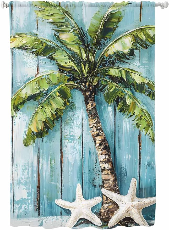 Sheer Curtains 72 Inches Long, Coastal Beach Starfish Semi Sheer Curtains Light