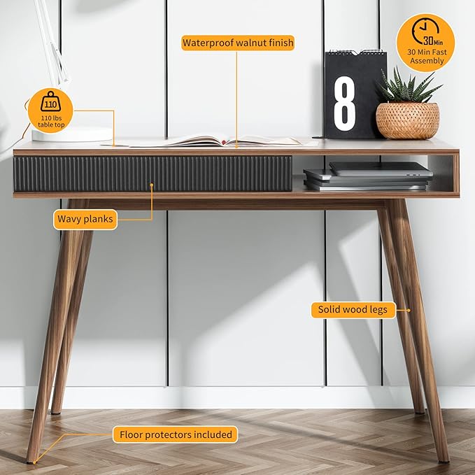 Artswish Mid Century Modern Office Desk with Drawer - Simple Writing Desk for Home Office, Walnut