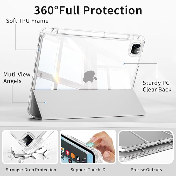 Clear Case for New iPad Pro 11 Inch Case M5/M4 2025/2024 (6th/5th Generation) Slim Shockproof TPU Cover with Pencil Holder Multi-Angle Stand &amp Auto Wake/Sleep (Black)