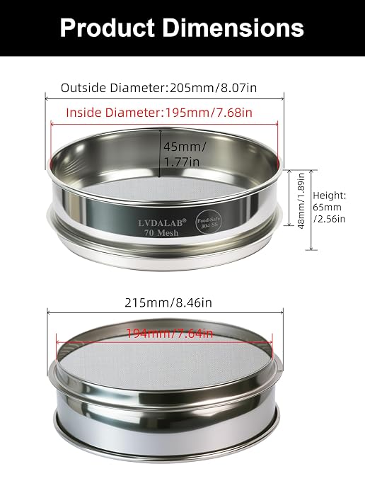 All 304 Stainless Steel 70 Mesh Test Sieve, 8 Inch/20cm Diameter, Lab Sifter &