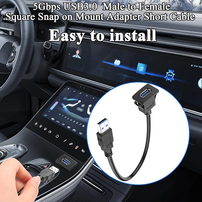QIANRENON 5Gbps USB3.0 Square Snap on Mount Adapter Short Cable USB3.0 Male to Female Flush Fixed Mount Charging Data Connector Extension Cable 5V/2A for Desktop Dashboard Panel 30cm/11.8in